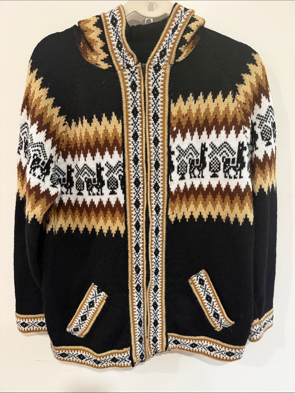 Black and Gold Patterned Zip Cardigan Sweater
